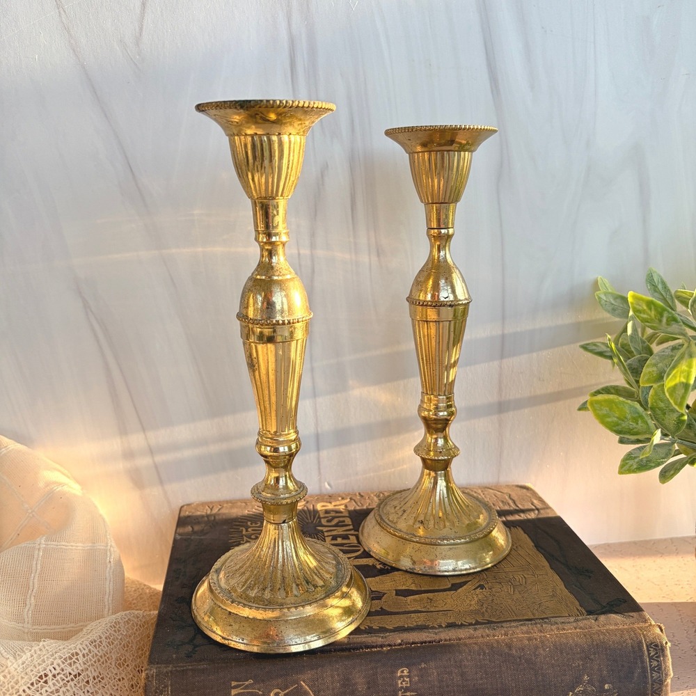 Hosley Solid Lacquered Brass Candlestick Holders Set of 2 India BS 5890